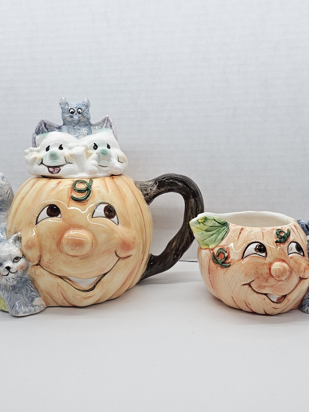 Whimsical Pumpkin Face Ceramic Tea Pot and Creamer, Bat, Ghosts & Cats- Orange